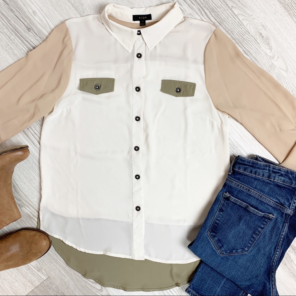 Edge Color Block Sheer Button Down Blouse